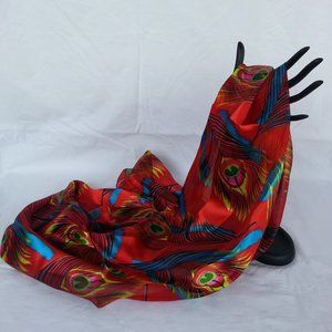 "Peacock" Red polyester satin scarf $6.99 Shipping 13X58" NWOT